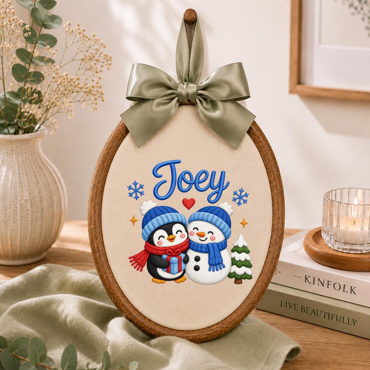 Custom Embroidered Oval Hoop Art, Penguin Snowman Christmas Nursery Wall Hanging