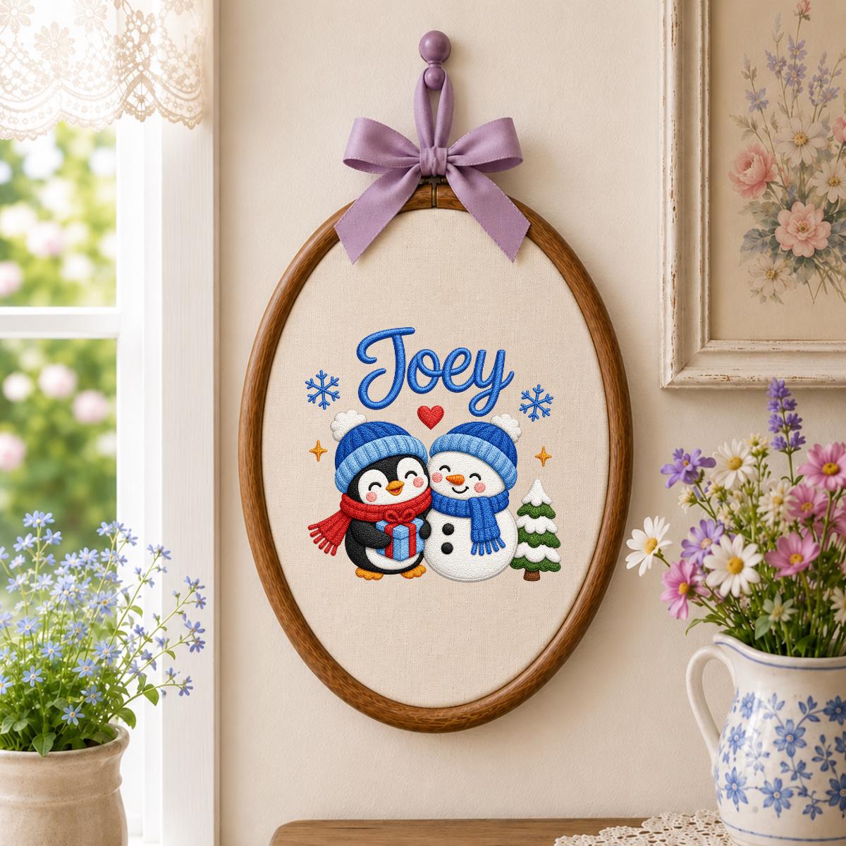 Custom Embroidered Oval Hoop Art, Penguin Snowman Christmas Nursery Wall Hanging