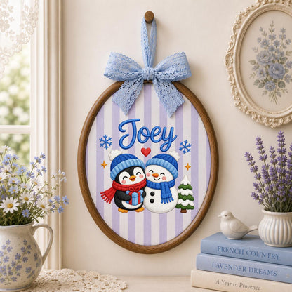 Custom Embroidered Oval Hoop Art, Penguin Snowman Christmas Nursery Wall Hanging
