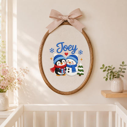 Custom Embroidered Oval Hoop Art, Penguin Snowman Christmas Nursery Wall Hanging