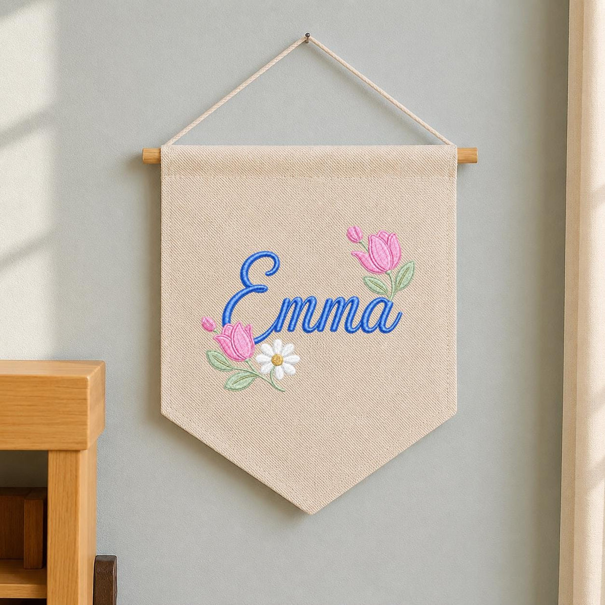Personalized Floral Embroidered Name Banner, Custom Canvas Wall Hanging Sign