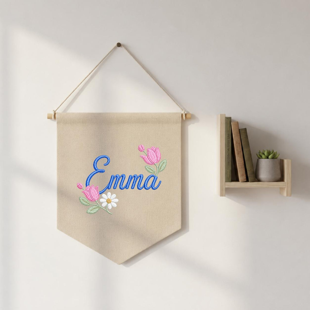 Personalized Floral Embroidered Name Banner, Custom Canvas Wall Hanging Sign