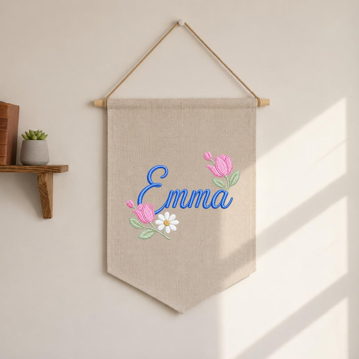 Personalized Floral Embroidered Name Banner, Custom Canvas Wall Hanging Sign