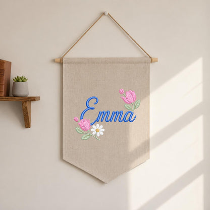 Personalized Floral Embroidered Name Banner, Custom Canvas Wall Hanging Sign