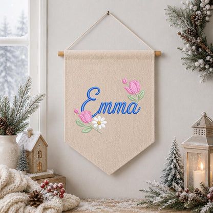 Personalized Floral Embroidered Name Banner, Custom Canvas Wall Hanging Sign