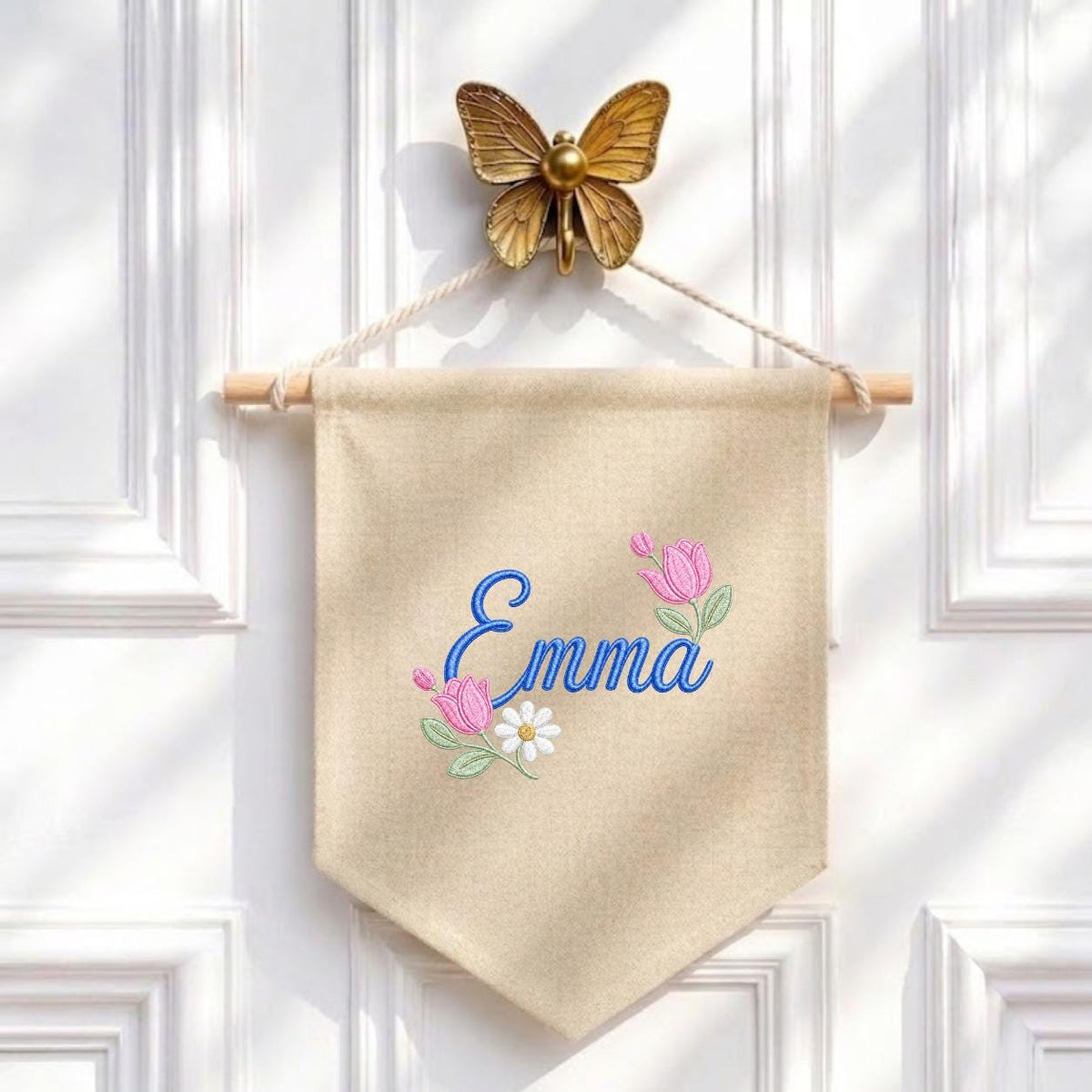 Personalized Floral Embroidered Name Banner, Custom Canvas Wall Hanging Sign
