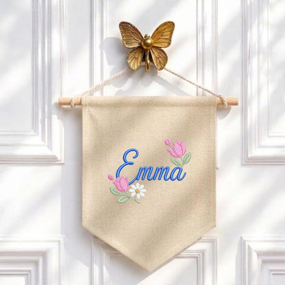 Personalized Floral Embroidered Name Banner, Custom Canvas Wall Hanging Sign