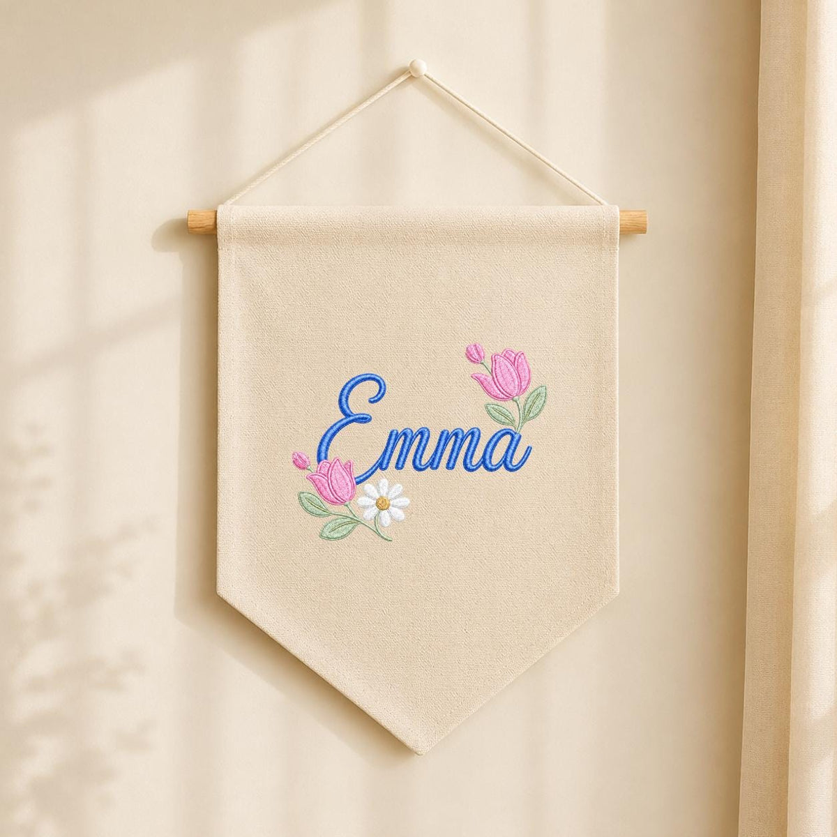 Personalized Floral Embroidered Name Banner, Custom Canvas Wall Hanging Sign