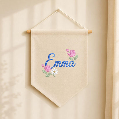 Personalized Floral Embroidered Name Banner, Custom Canvas Wall Hanging Sign