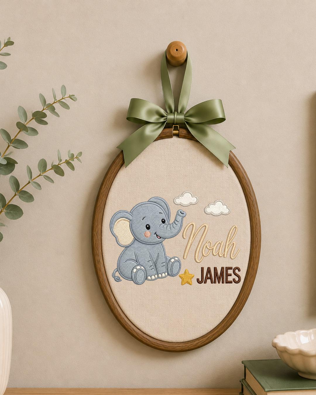 Personalized Embroidered Elephant Ornament, Custom Baby Name Hoop, Safari Nursery Wall Decor, Baby Boy Gift, Newborn Keepsake