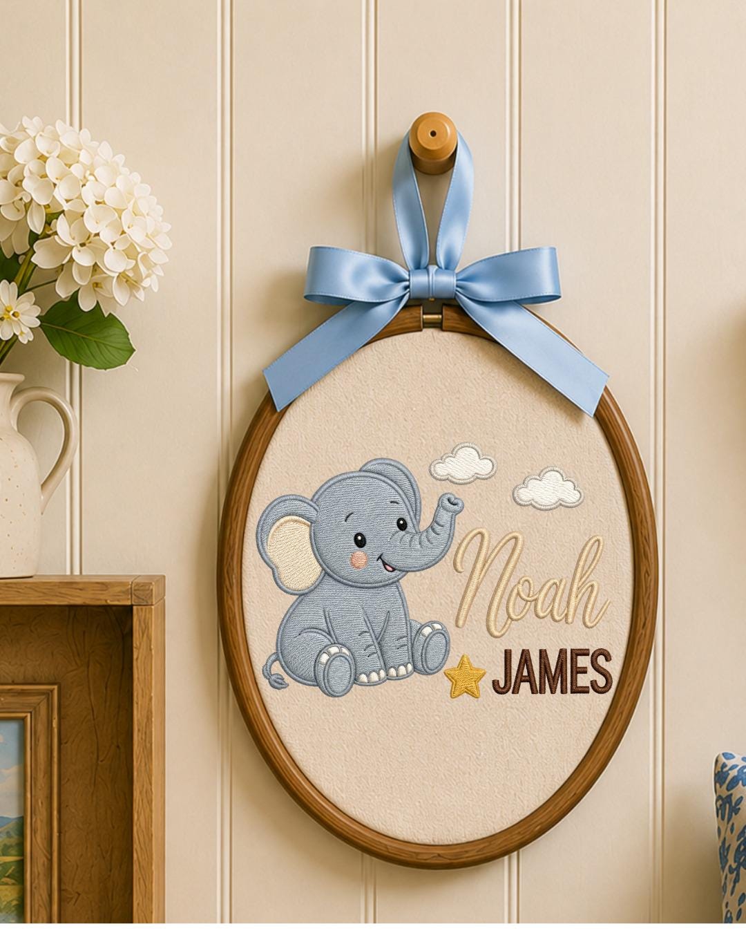 Personalized Embroidered Elephant Ornament, Custom Baby Name Hoop, Safari Nursery Wall Decor, Baby Boy Gift, Newborn Keepsake