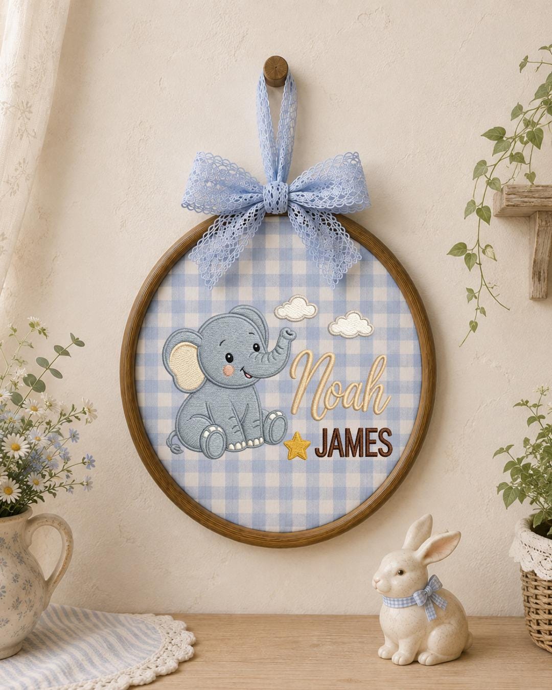 Personalized Embroidered Elephant Ornament, Custom Baby Name Hoop, Safari Nursery Wall Decor, Baby Boy Gift, Newborn Keepsake