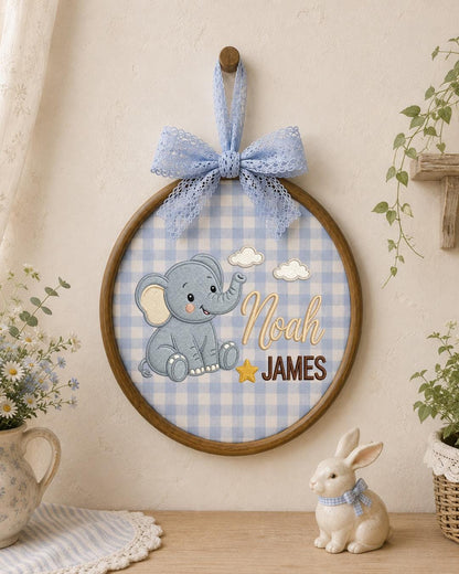 Personalized Embroidered Elephant Ornament, Custom Baby Name Hoop, Safari Nursery Wall Decor, Baby Boy Gift, Newborn Keepsake