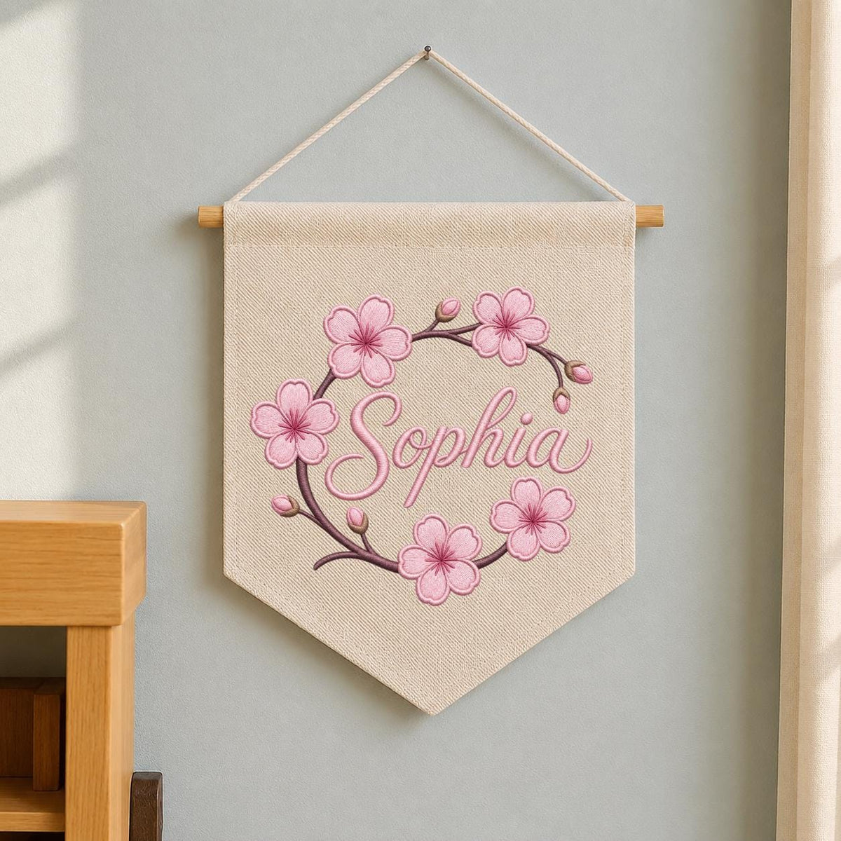 Personalized Embroidered Cherry Blossom Banner, Custom Name Baby Girl Wall Hanging