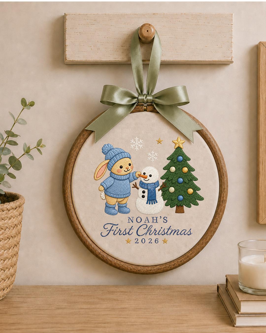 Personalized Embroidered First Christmas Ornament, Custom Baby Name Bunny Hoop, Baby Boy Christmas 2026 Keepsake, Holiday Nursery Decor