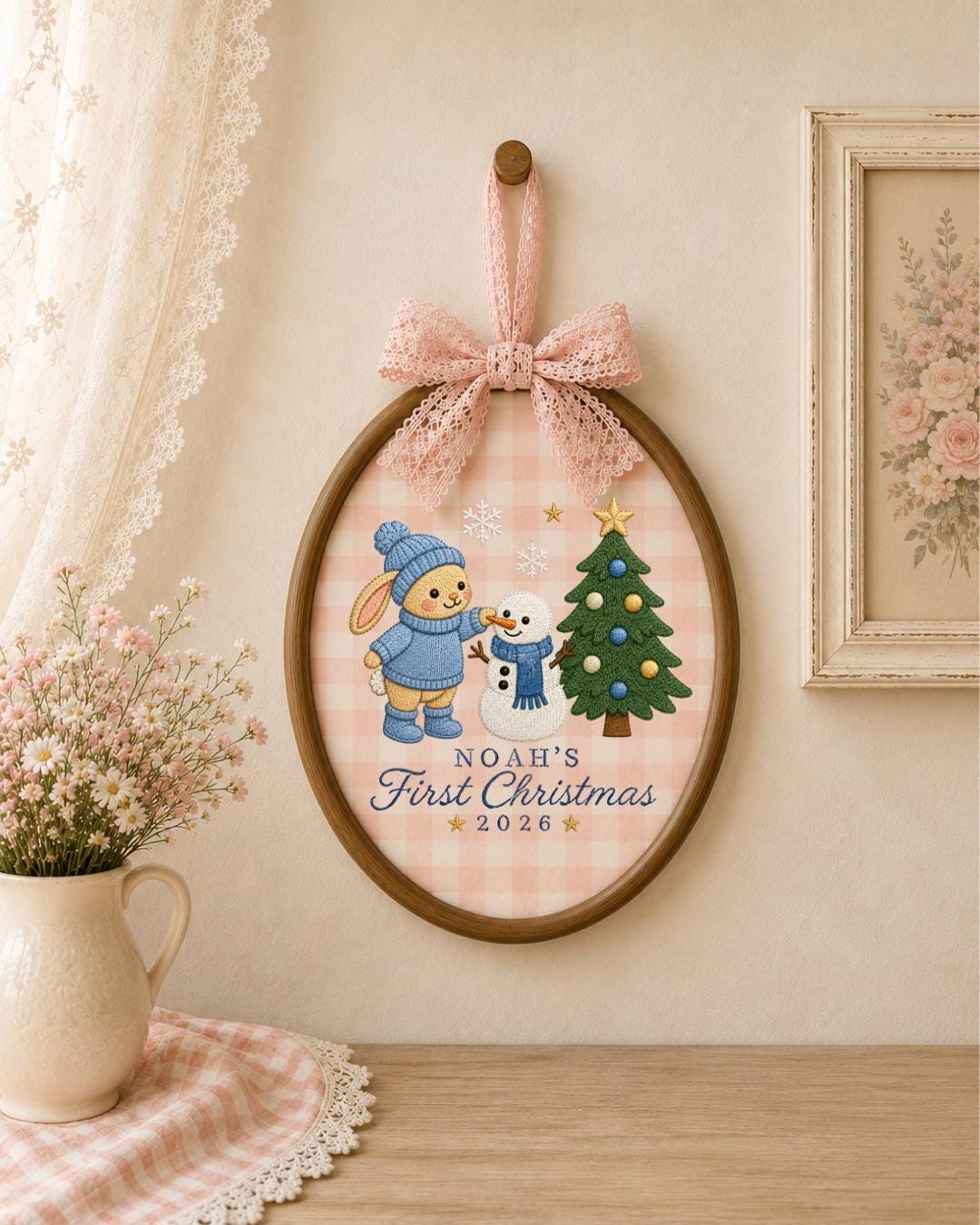 Personalized Embroidered First Christmas Ornament, Custom Baby Name Bunny Hoop, Baby Boy Christmas 2026 Keepsake, Holiday Nursery Decor