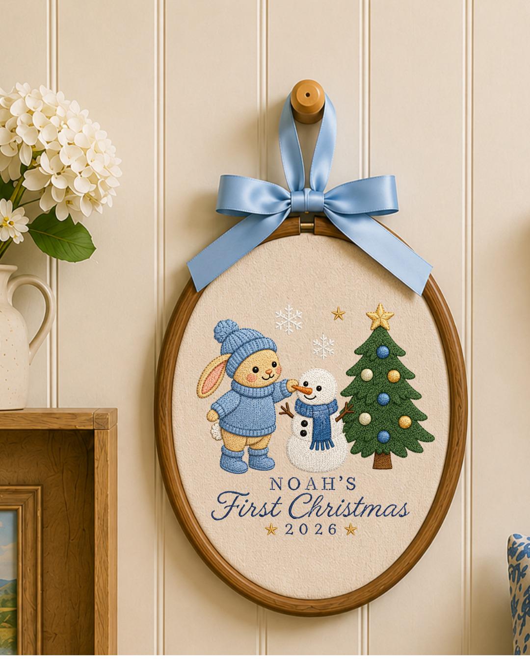 Personalized Embroidered First Christmas Ornament, Custom Baby Name Bunny Hoop, Baby Boy Christmas 2026 Keepsake, Holiday Nursery Decor