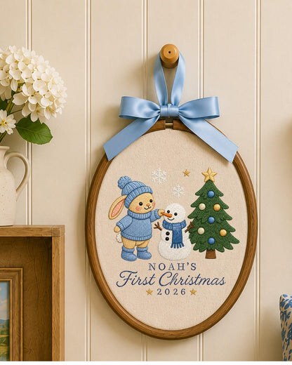 Personalized Embroidered First Christmas Ornament, Custom Baby Name Bunny Hoop, Baby Boy Christmas 2026 Keepsake, Holiday Nursery Decor