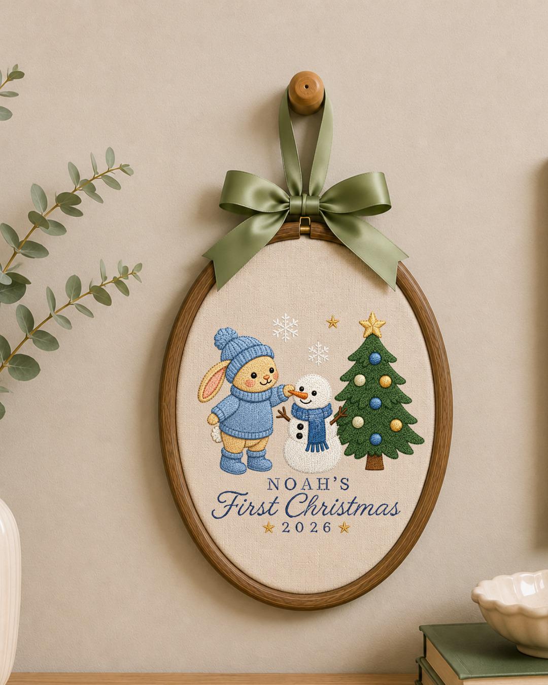 Personalized Embroidered First Christmas Ornament, Custom Baby Name Bunny Hoop, Baby Boy Christmas 2026 Keepsake, Holiday Nursery Decor