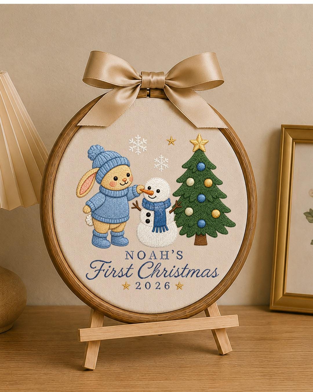 Personalized Embroidered First Christmas Ornament, Custom Baby Name Bunny Hoop, Baby Boy Christmas 2026 Keepsake, Holiday Nursery Decor