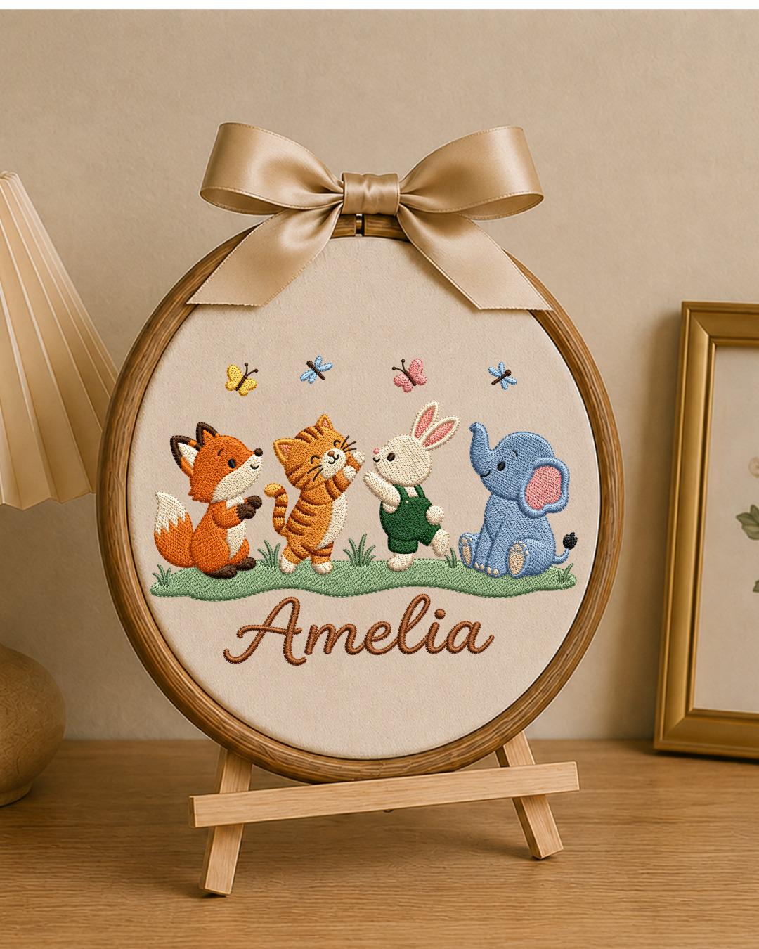 Personalized Embroidered Woodland Animal Ornament, Custom Baby Name Hoop, Fox Bunny Elephant Nursery Decor, Newborn Keepsake Gift