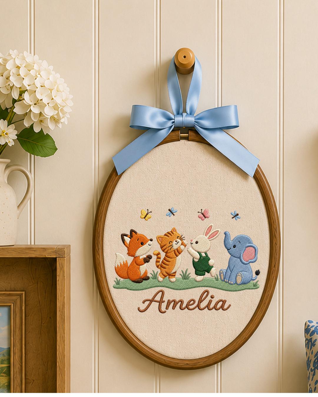 Personalized Embroidered Woodland Animal Ornament, Custom Baby Name Hoop, Fox Bunny Elephant Nursery Decor, Newborn Keepsake Gift