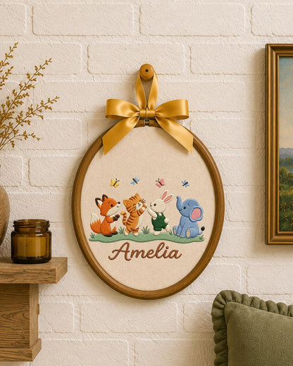 Personalized Embroidered Woodland Animal Ornament, Custom Baby Name Hoop, Fox Bunny Elephant Nursery Decor, Newborn Keepsake Gift