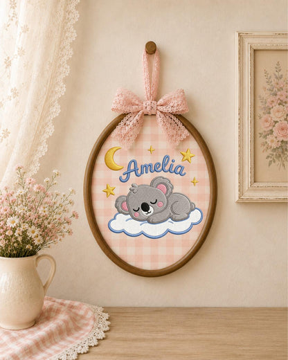 Personalized Embroidered Koala Ornament, Custom Baby Name Hoop, Sleeping Koala Nursery Decor, Moon and Stars Baby Gift, Newborn Keepsake