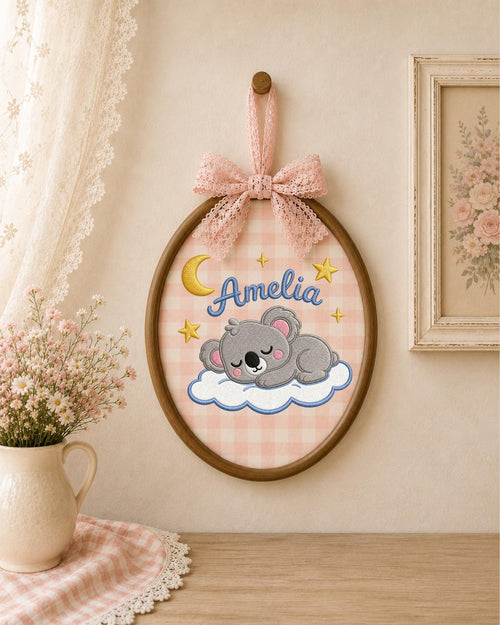 Personalized Embroidered Koala Ornament, Custom Baby Name Hoop, Sleeping Koala Nursery Decor, Moon and Stars Baby Gift, Newborn Keepsake