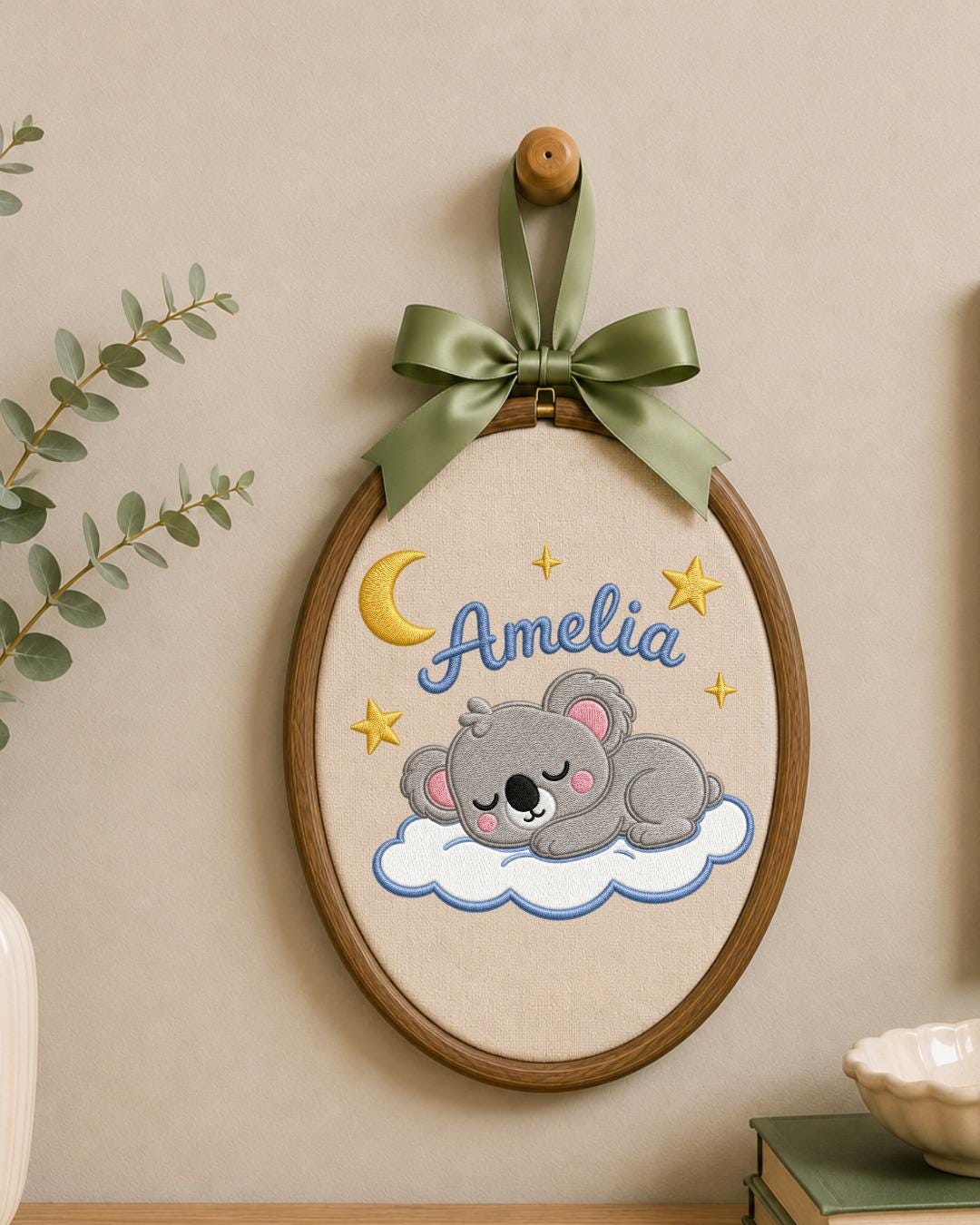 Personalized Embroidered Koala Ornament, Custom Baby Name Hoop, Sleeping Koala Nursery Decor, Moon and Stars Baby Gift, Newborn Keepsake