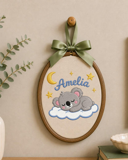 Personalized Embroidered Koala Ornament, Custom Baby Name Hoop, Sleeping Koala Nursery Decor, Moon and Stars Baby Gift, Newborn Keepsake