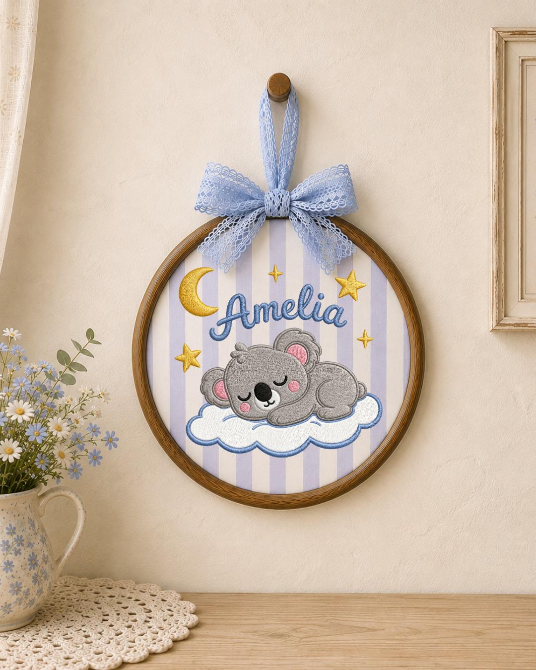 Personalized Embroidered Koala Ornament, Custom Baby Name Hoop, Sleeping Koala Nursery Decor, Moon and Stars Baby Gift, Newborn Keepsake