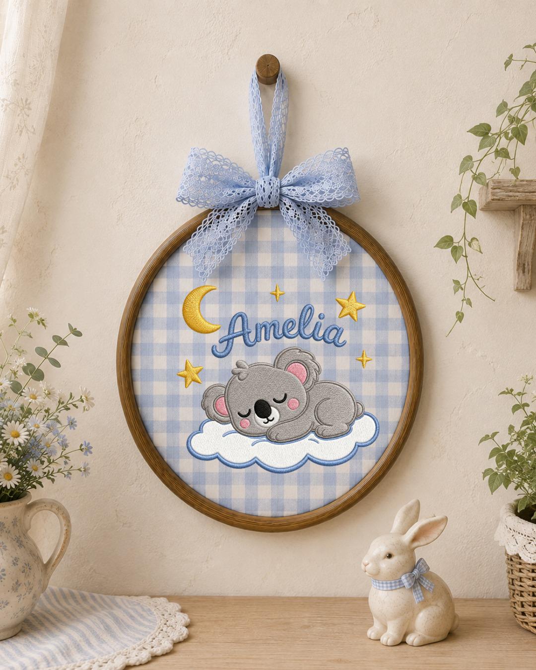 Personalized Embroidered Koala Ornament, Custom Baby Name Hoop, Sleeping Koala Nursery Decor, Moon and Stars Baby Gift, Newborn Keepsake