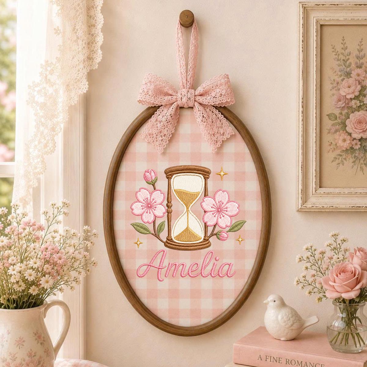 Personalized Oval Embroidery Hoop Art, Cherry Blossom Hourglass Name Sign