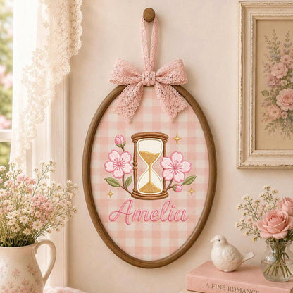 Personalized Oval Embroidery Hoop Art, Cherry Blossom Hourglass Name Sign