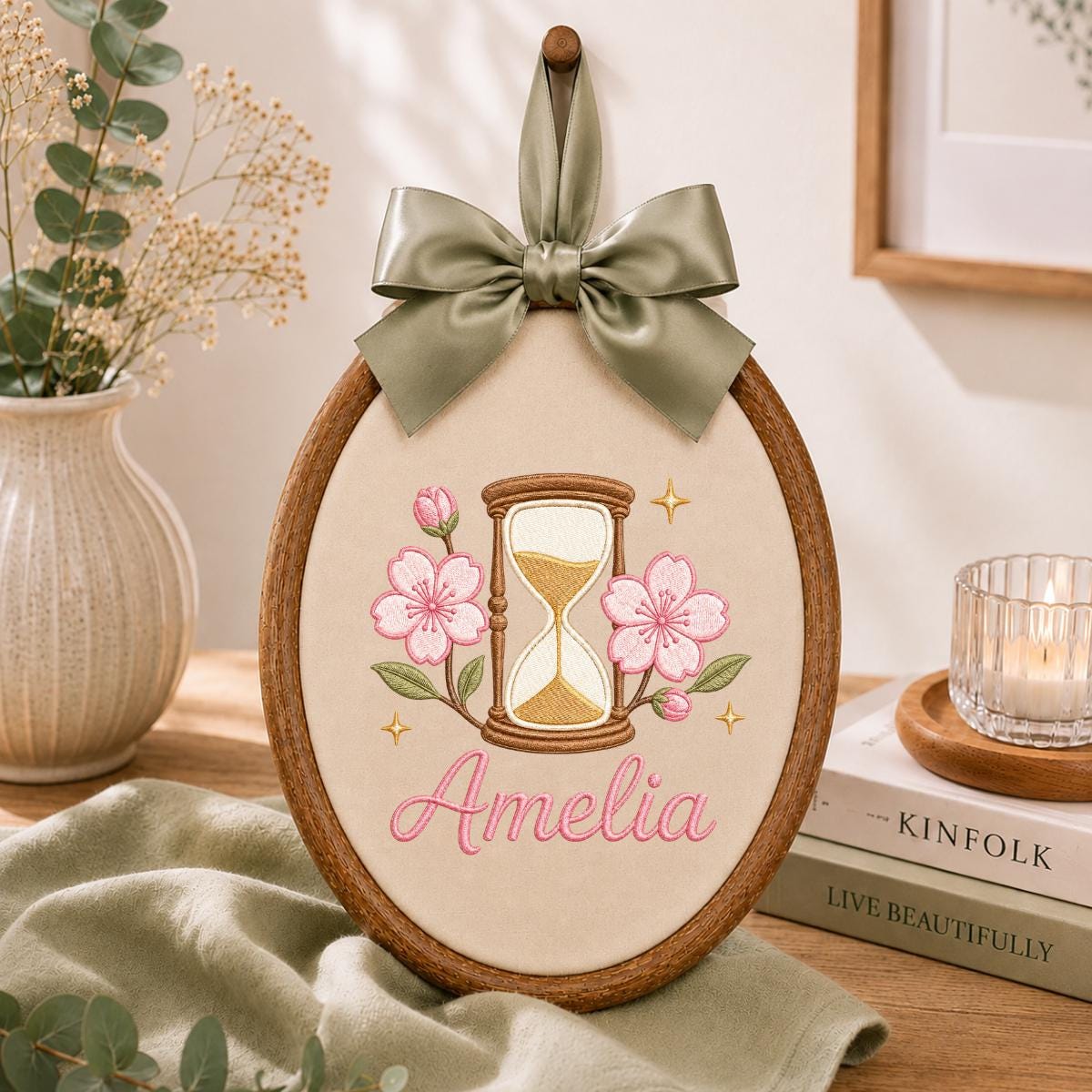 Personalized Oval Embroidery Hoop Art, Cherry Blossom Hourglass Name Sign