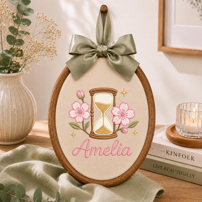 Personalized Oval Embroidery Hoop Art, Cherry Blossom Hourglass Name Sign