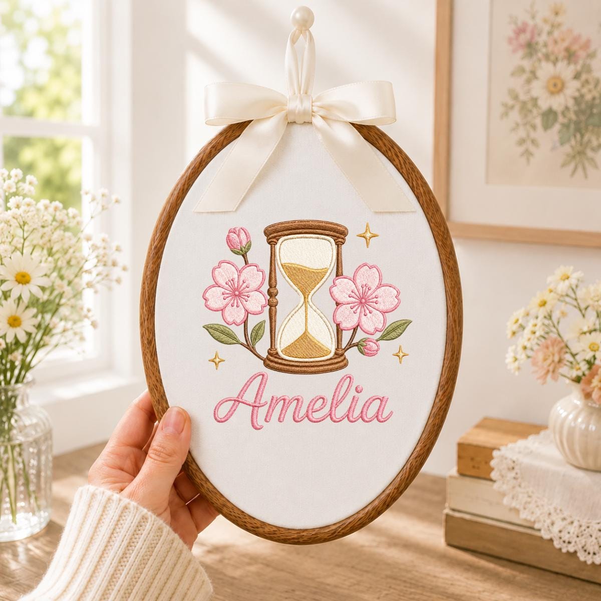 Personalized Oval Embroidery Hoop Art, Cherry Blossom Hourglass Name Sign