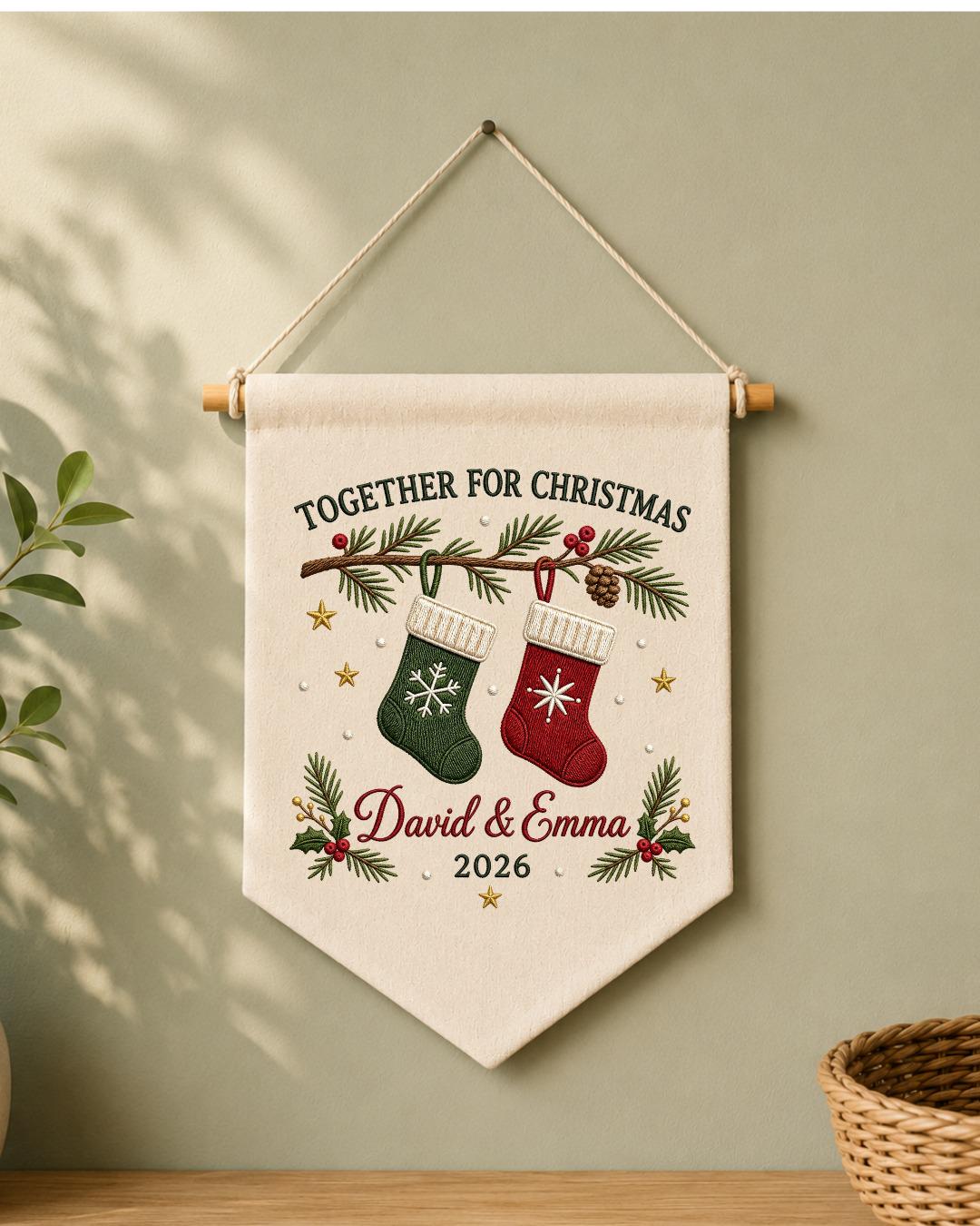 Personalized Christmas Couple Wall Hanging, Custom Names Embroidered Stocking Banner, First Christmas Together Decor, Holiday Keepsake Gift