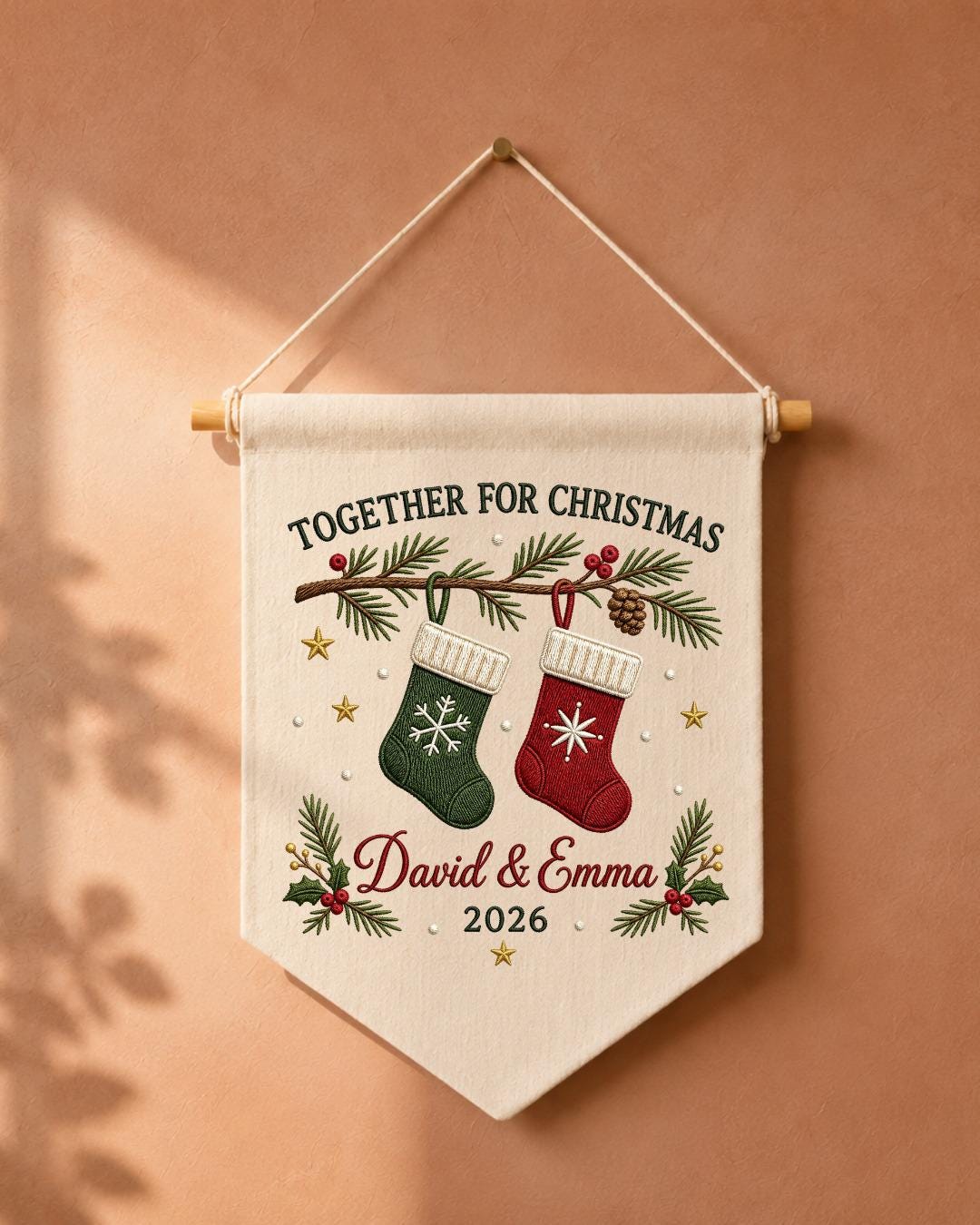 Personalized Christmas Couple Wall Hanging, Custom Names Embroidered Stocking Banner, First Christmas Together Decor, Holiday Keepsake Gift