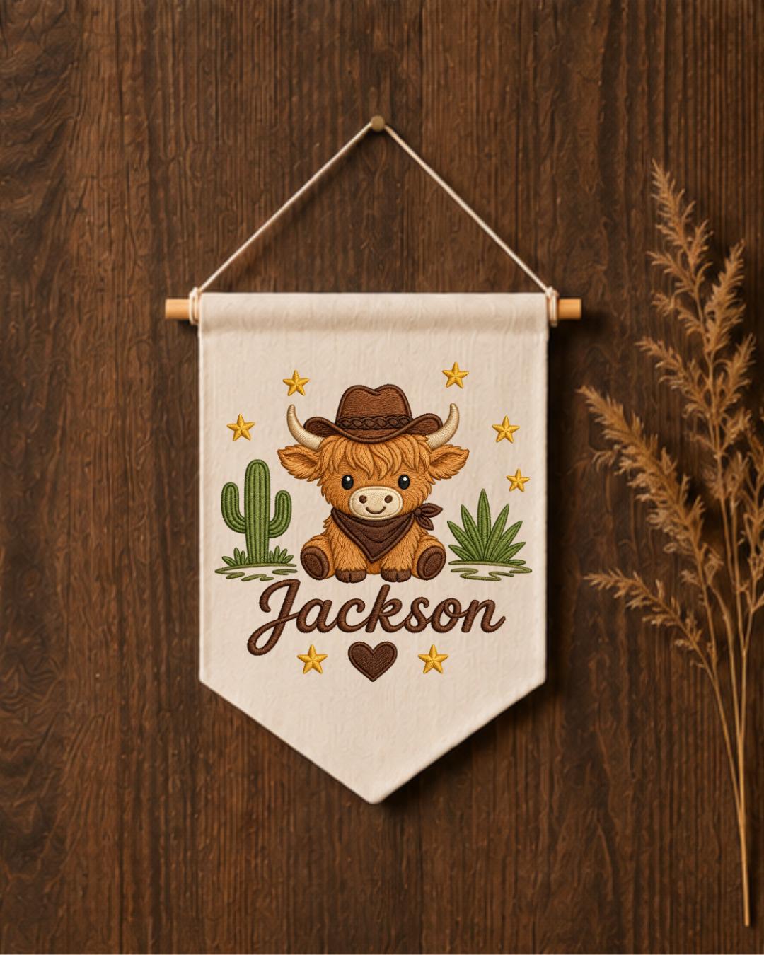 Personalized Highland Cow Nursery Wall Hanging, Custom Name Embroidered Cowboy Banner, Western Baby Boy Room Decor, Ranch Nursery Gift