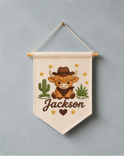 Personalized Highland Cow Nursery Wall Hanging, Custom Name Embroidered Cowboy Banner, Western Baby Boy Room Decor, Ranch Nursery Gift