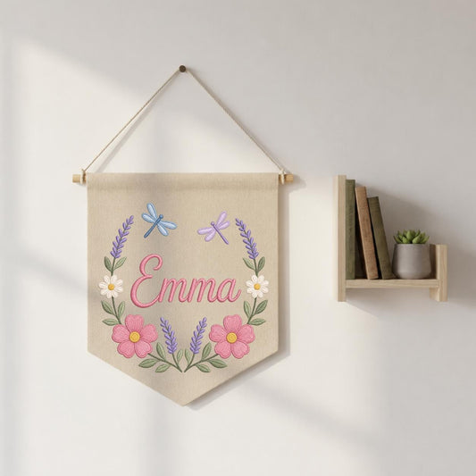 Personalized Embroidered Dragonfly Floral Banner, Cottagecore Nursery Decor