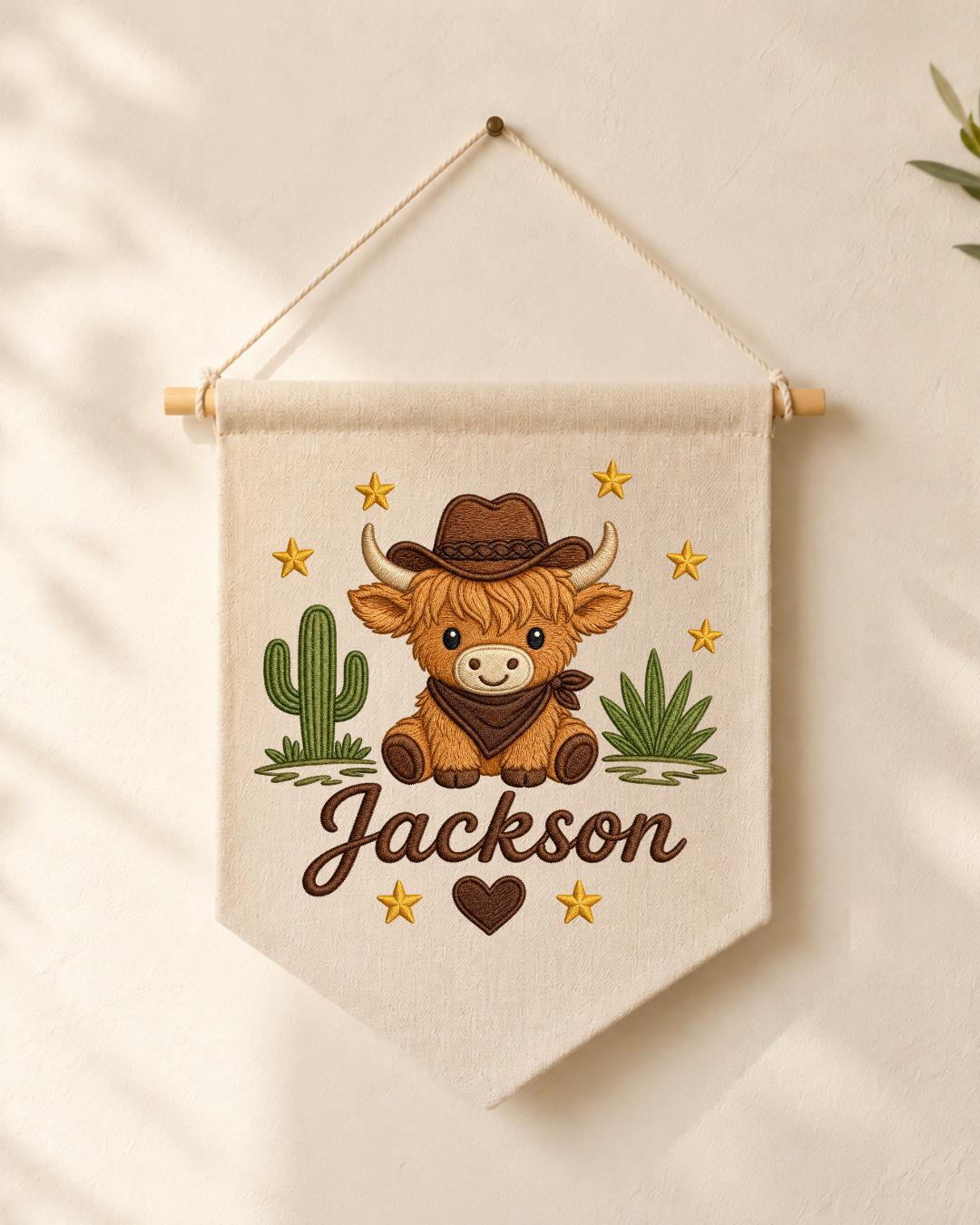 Personalized Highland Cow Nursery Wall Hanging, Custom Name Embroidered Cowboy Banner, Western Baby Boy Room Decor, Ranch Nursery Gift