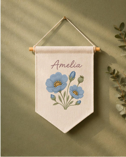 Personalized Blue Floral Wall Hanging, Embroidered Custom Name Banner, Botanical Nursery Decor, Baby Girl Room Gift, Flower Wall Art