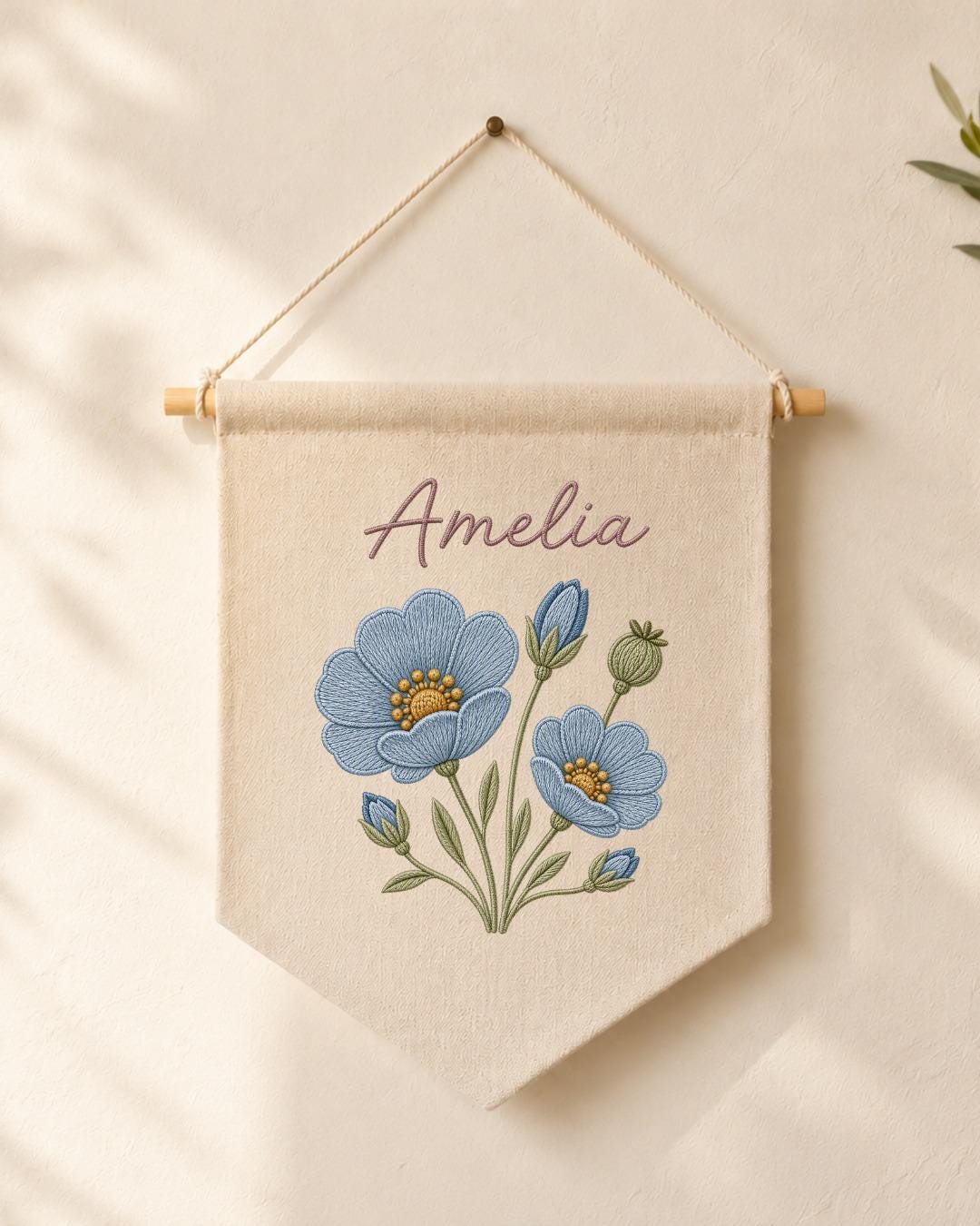 Personalized Blue Floral Wall Hanging, Embroidered Custom Name Banner, Botanical Nursery Decor, Baby Girl Room Gift, Flower Wall Art