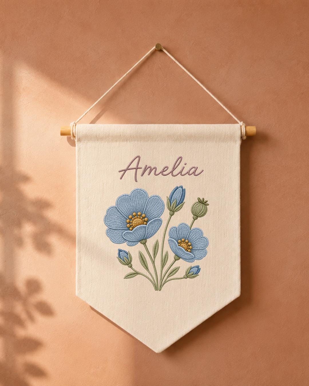 Personalized Blue Floral Wall Hanging, Embroidered Custom Name Banner, Botanical Nursery Decor, Baby Girl Room Gift, Flower Wall Art