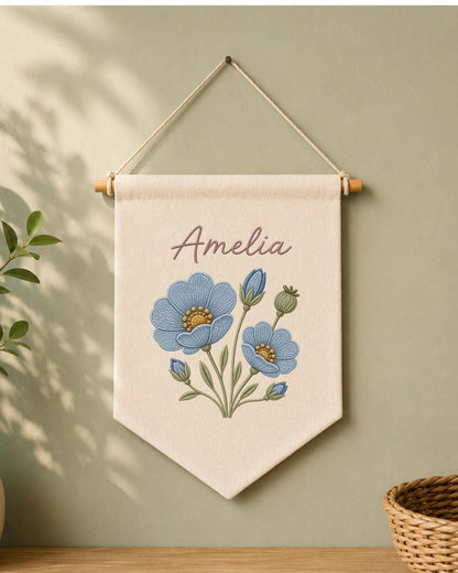 Personalized Blue Floral Wall Hanging, Embroidered Custom Name Banner, Botanical Nursery Decor, Baby Girl Room Gift, Flower Wall Art
