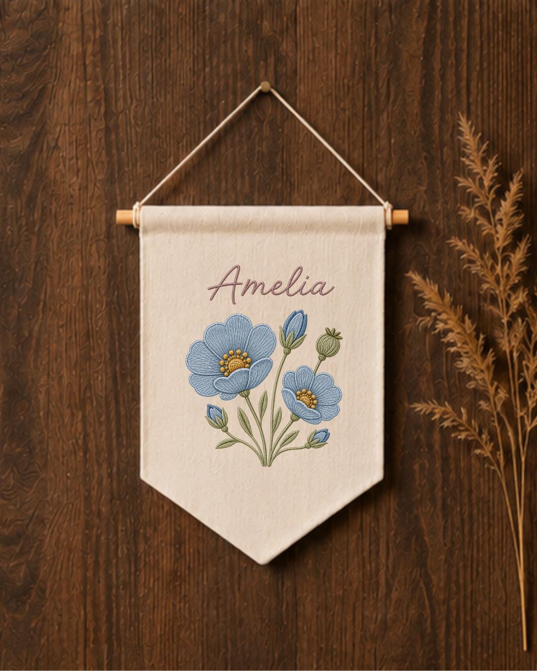Personalized Blue Floral Wall Hanging, Embroidered Custom Name Banner, Botanical Nursery Decor, Baby Girl Room Gift, Flower Wall Art