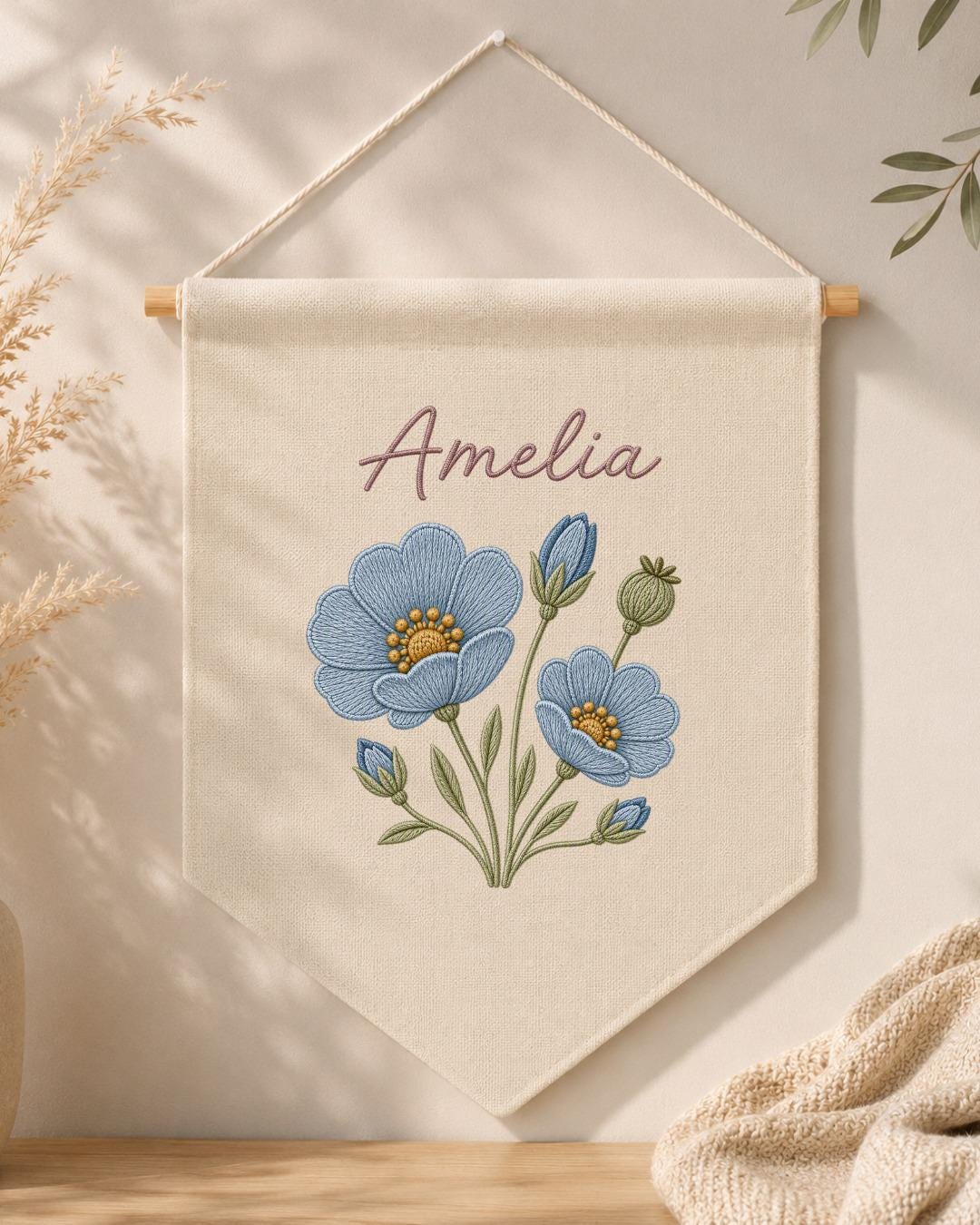 Personalized Blue Floral Wall Hanging, Embroidered Custom Name Banner, Botanical Nursery Decor, Baby Girl Room Gift, Flower Wall Art